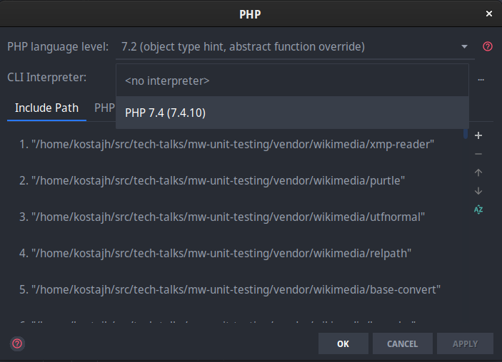 PHP interpreter dialog in PhpStorm