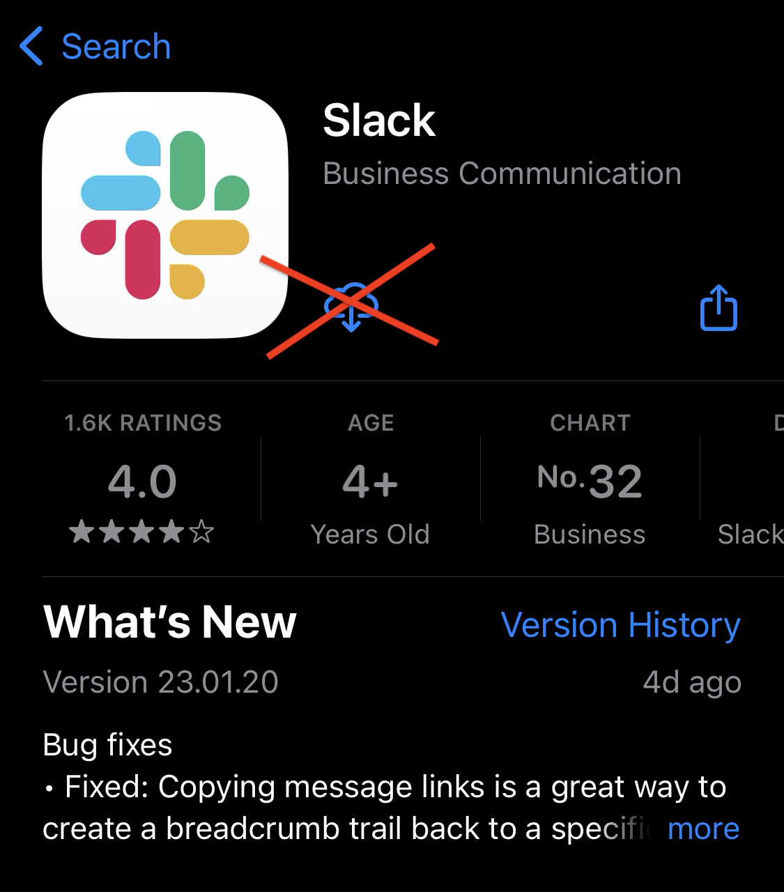 A screenshot of Slack download page on iOS app store, with a red X through the download button